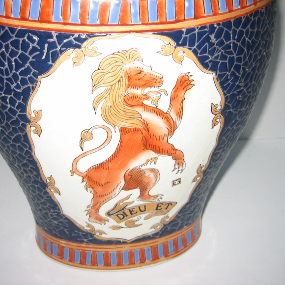 Heracles and Nemean Lion Vase Handmade Greek Ceramic Pot  Vintage DIEU ET (God) & Lion Themed Enameled Vase